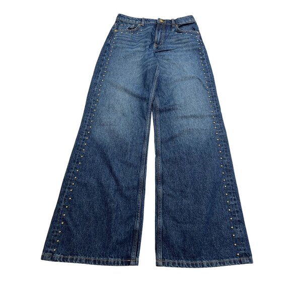 H&M Wide High Studded Jeans in Dark Denim Blue - Picture 1 of 5